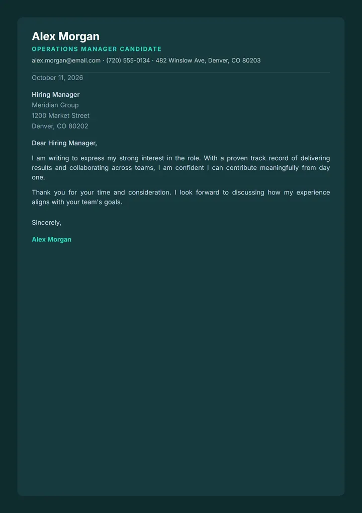 Deep Teal cover letter template preview