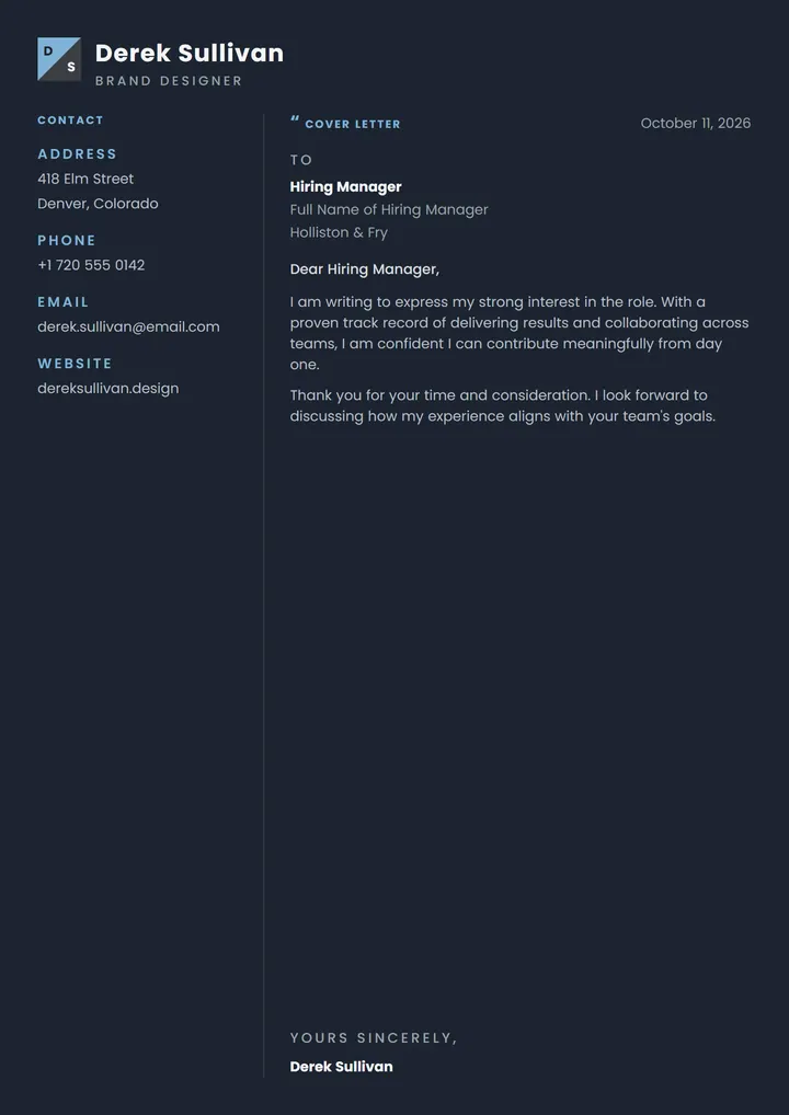 Navy Quote cover letter template preview